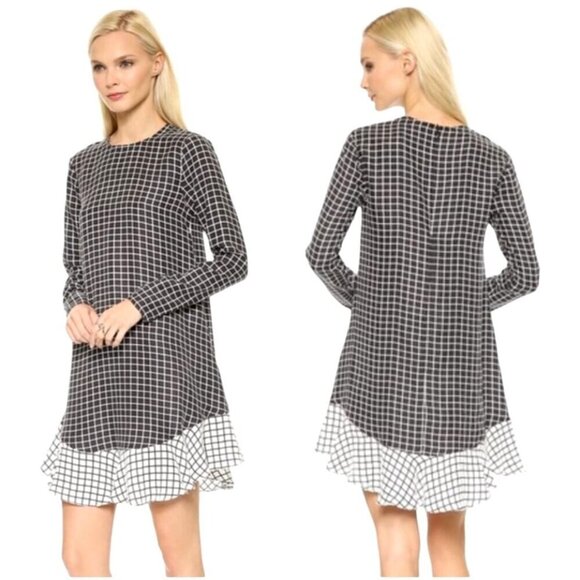 Rachel Zoe Dress Women 4 Black Ivory Silk Anika Grid Print Ruffle Hem Mini - Picture 1 of 12